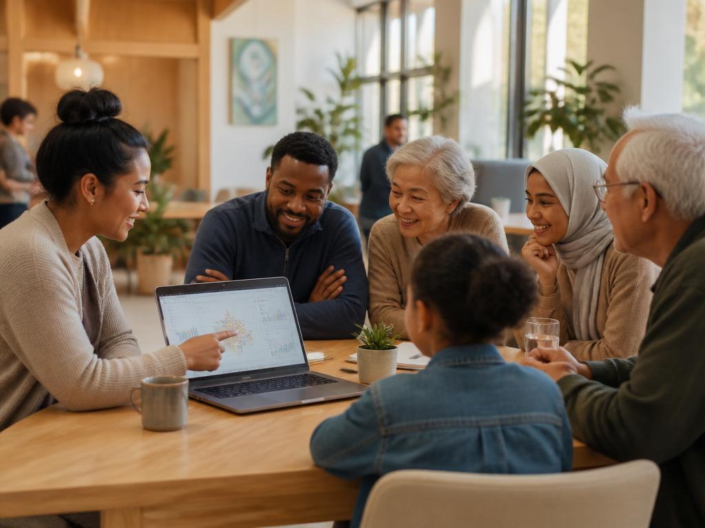 Diverse community members collaborating around a laptop in a bright civic workshop