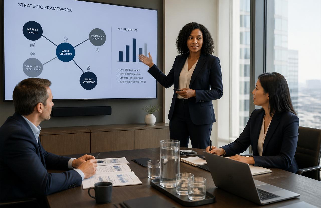Executive consultants collaborating around a boardroom strategy display