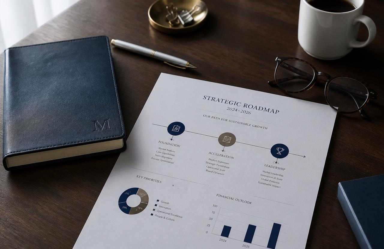 Strategic roadmap document with notebook and pen on an executive desk
